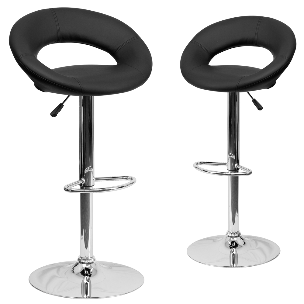 2 Pk. Contemporary Black Vinyl Rounded Back Adjustable Height Barstool with Chrome Base. Picture 1