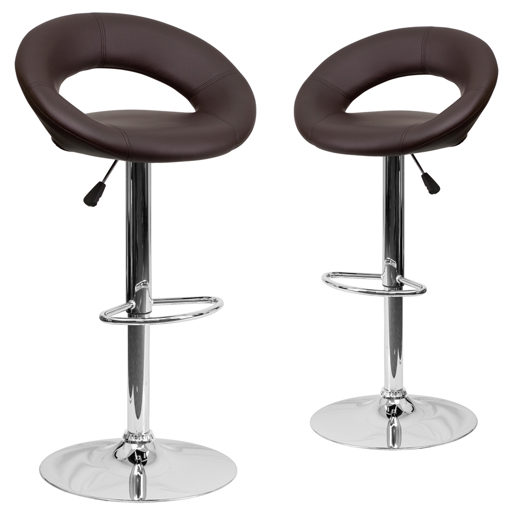 2 Pk. Contemporary Brown Vinyl Rounded Back Adjustable Height Barstool with Chrome Base. Picture 1