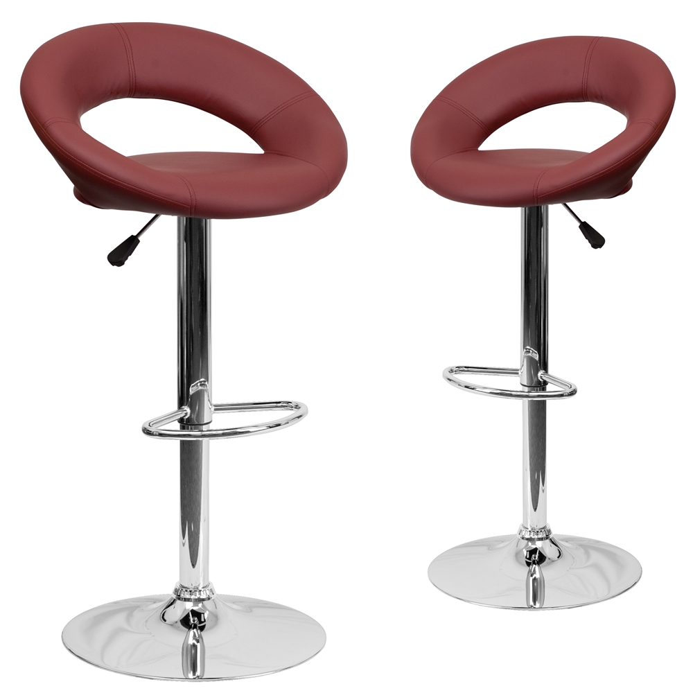 2 Pk. Contemporary Burgundy Vinyl Rounded Back Adjustable Height Barstool with Chrome Base. Picture 1