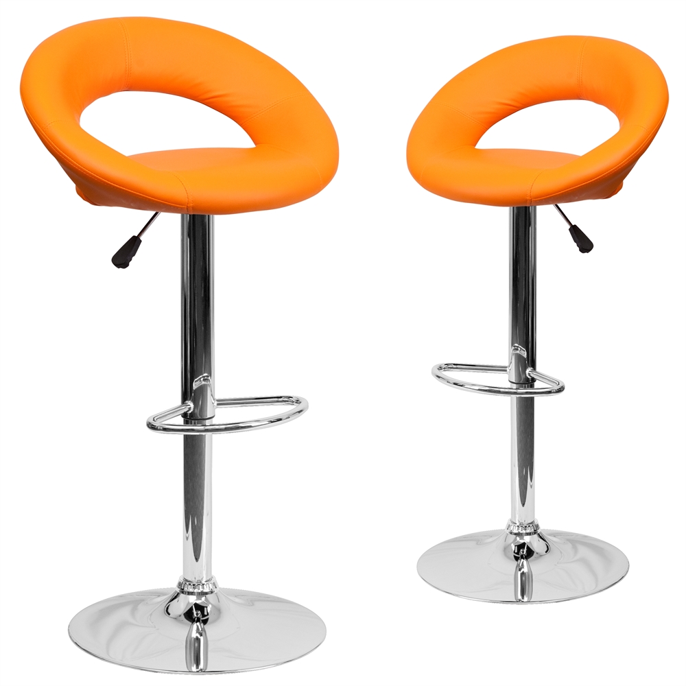 2 Pk. Contemporary Orange Vinyl Rounded Back Adjustable Height Barstool with Chrome Base. Picture 1
