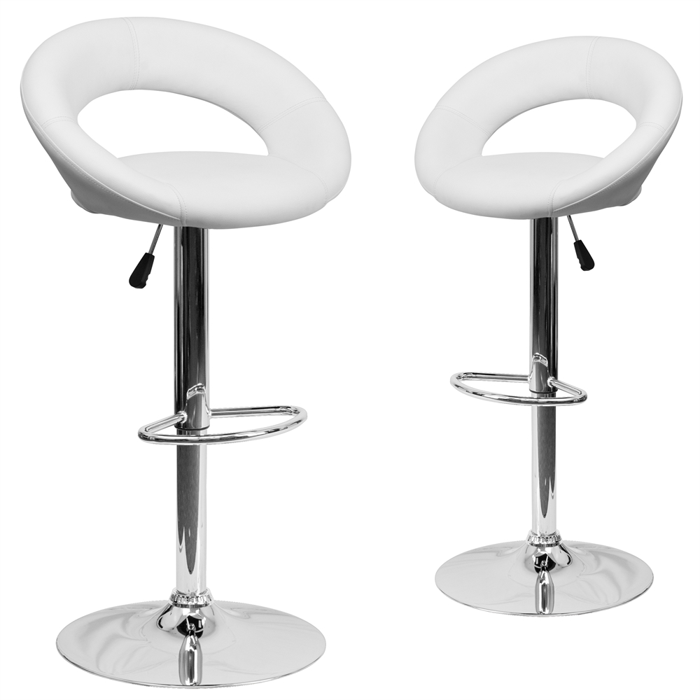 2 Pk. Contemporary White Vinyl Rounded Back Adjustable Height Barstool with Chrome Base. Picture 1