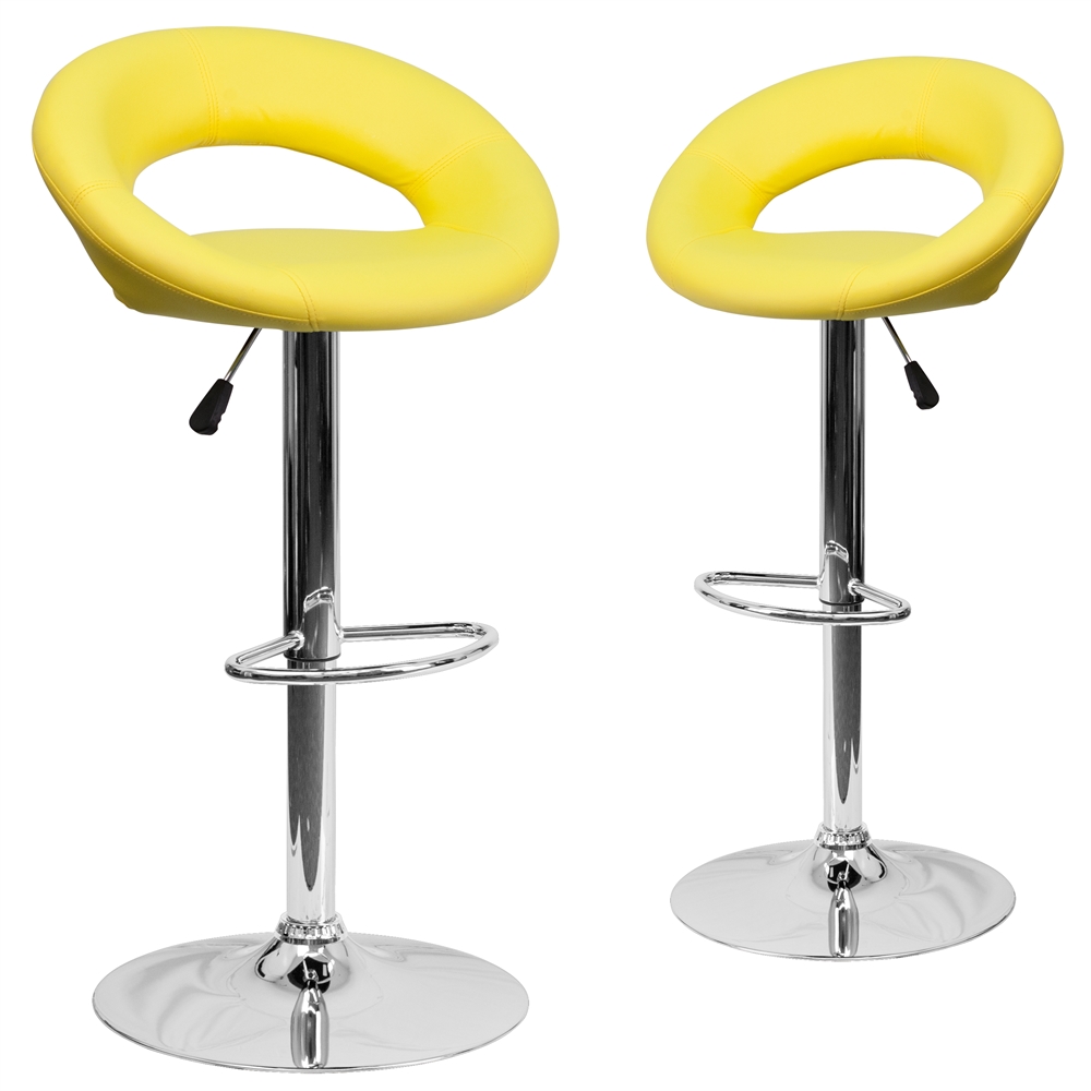 2 Pk. Contemporary Yellow Vinyl Rounded Back Adjustable Height Barstool with Chrome Base. Picture 1