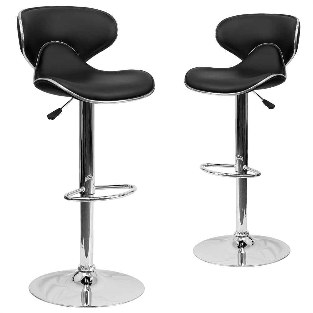 2 Pk. Contemporary Cozy Mid-Back Black Vinyl Adjustable Height Barstool with Chrome Base. The main picture.