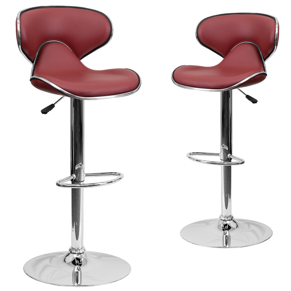 2 Pk. Contemporary Cozy Mid-Back Burgundy Vinyl Adjustable Height Barstool with Chrome Base. Picture 1
