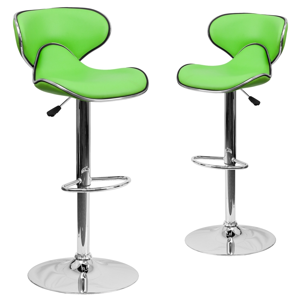 2 Pk. Contemporary Cozy Mid-Back Green Vinyl Adjustable Height Barstool with Chrome Base. The main picture.