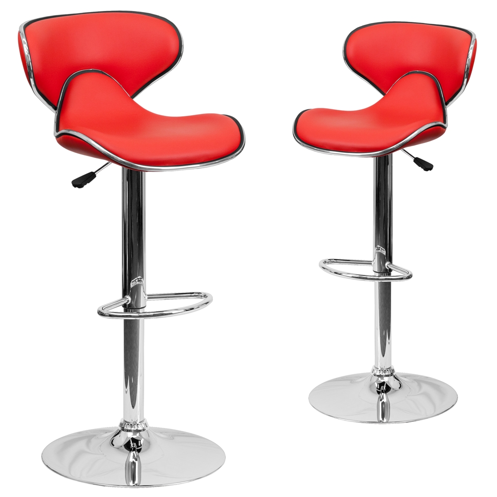 2 Pk. Contemporary Cozy Mid-Back Red Vinyl Adjustable Height Barstool with Chrome Base. Picture 1