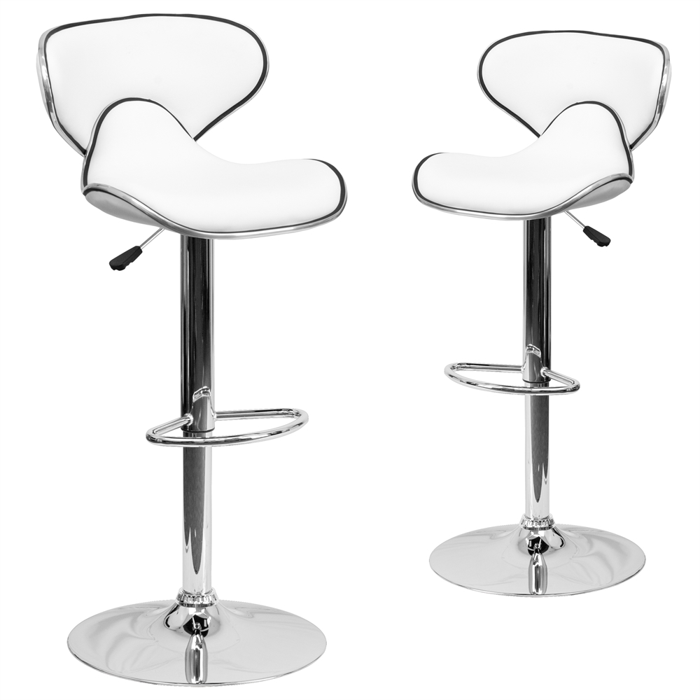 2 Pk. Contemporary Cozy Mid-Back White Vinyl Adjustable Height Barstool with Chrome Base. Picture 1