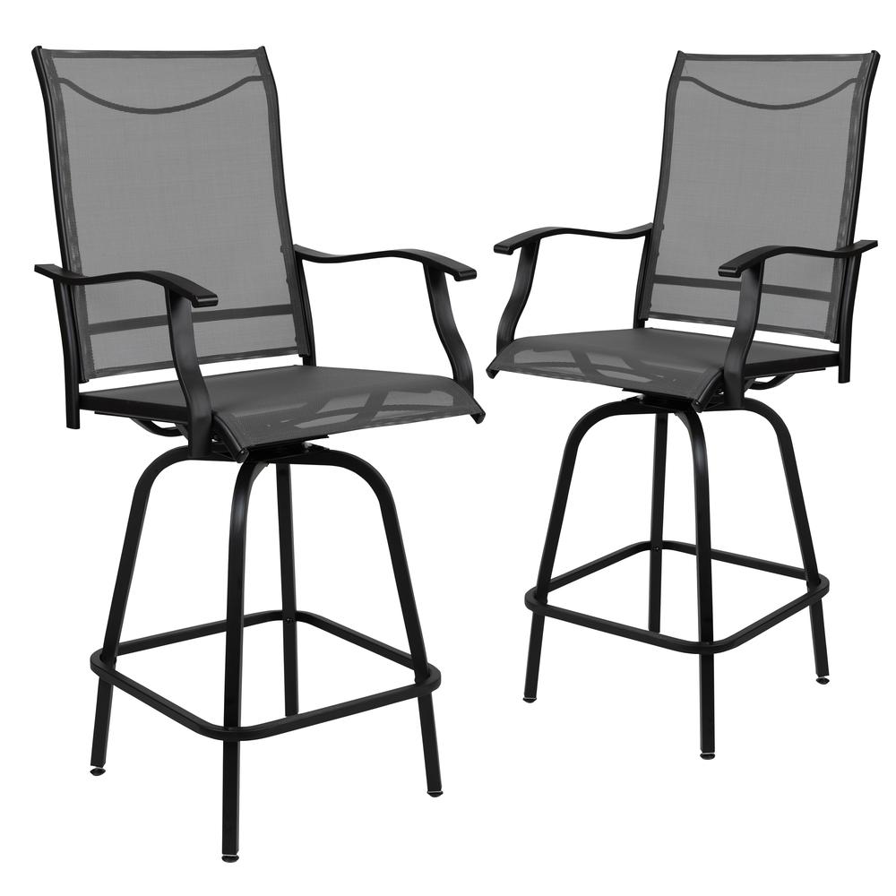Patio Bar Height Stools Set of 2, All-Weather Textilene Swivel Patio Stools and Deck Chairs with High Back & Armrests in Gray. Picture 3