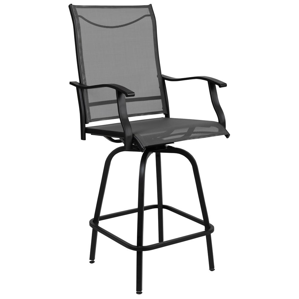 Patio Bar Height Stools Set of 2, All-Weather Textilene Swivel Patio Stools and Deck Chairs with High Back & Armrests in Gray. Picture 9