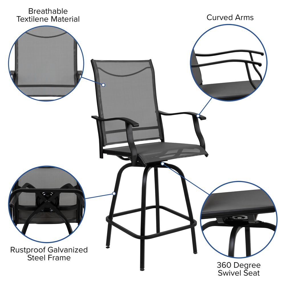 Patio Bar Height Stools Set of 2, All-Weather Textilene Swivel Patio Stools and Deck Chairs with High Back & Armrests in Gray. Picture 5