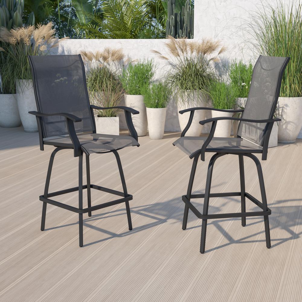 Patio Bar Height Stools Set of 2, All-Weather Textilene Swivel Patio Stools and Deck Chairs with High Back & Armrests in Gray. Picture 1
