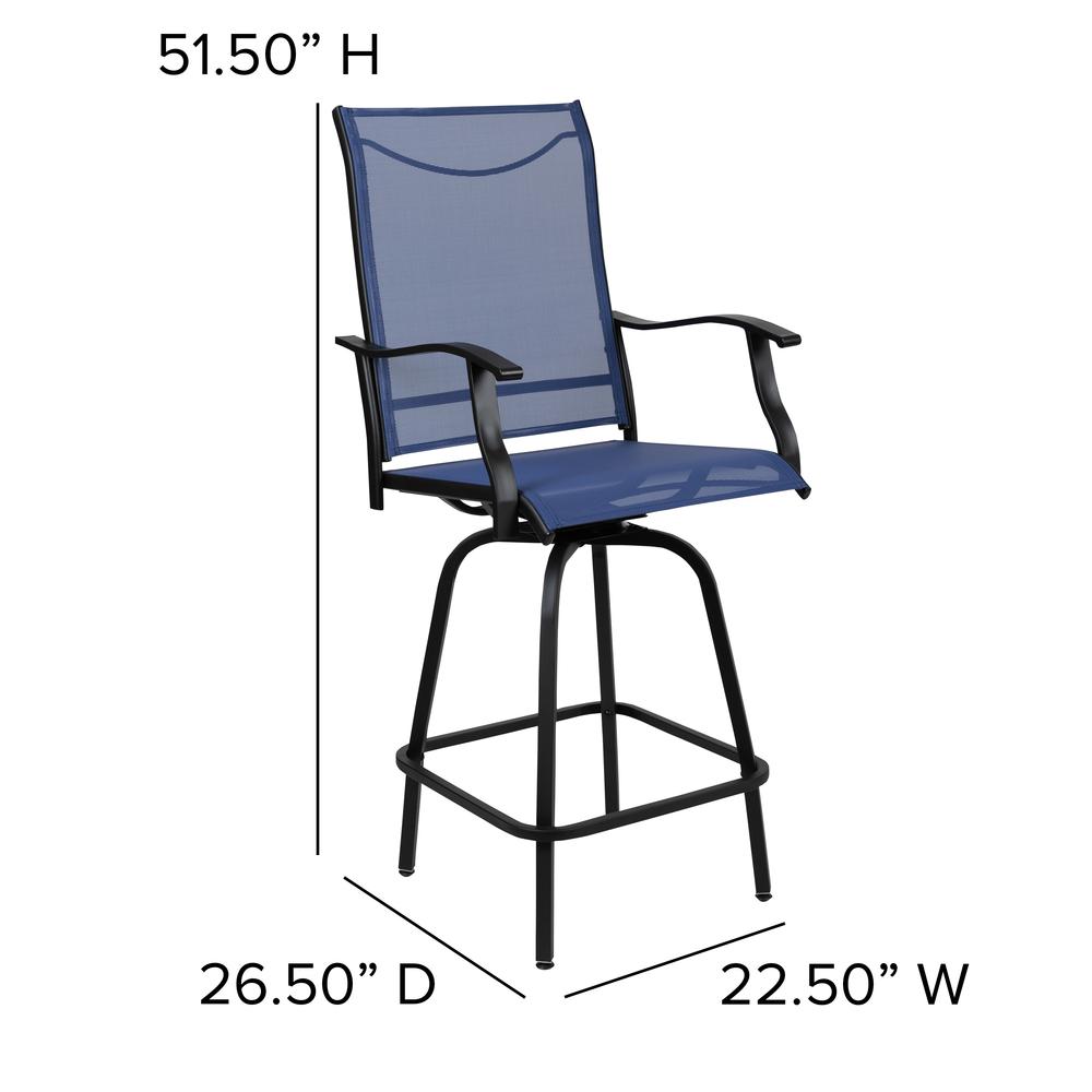 Patio Bar Height Stools Set of 2, All-Weather Textilene Swivel Patio Stools and Deck Chairs with High Back & Armrests in Navy. Picture 6
