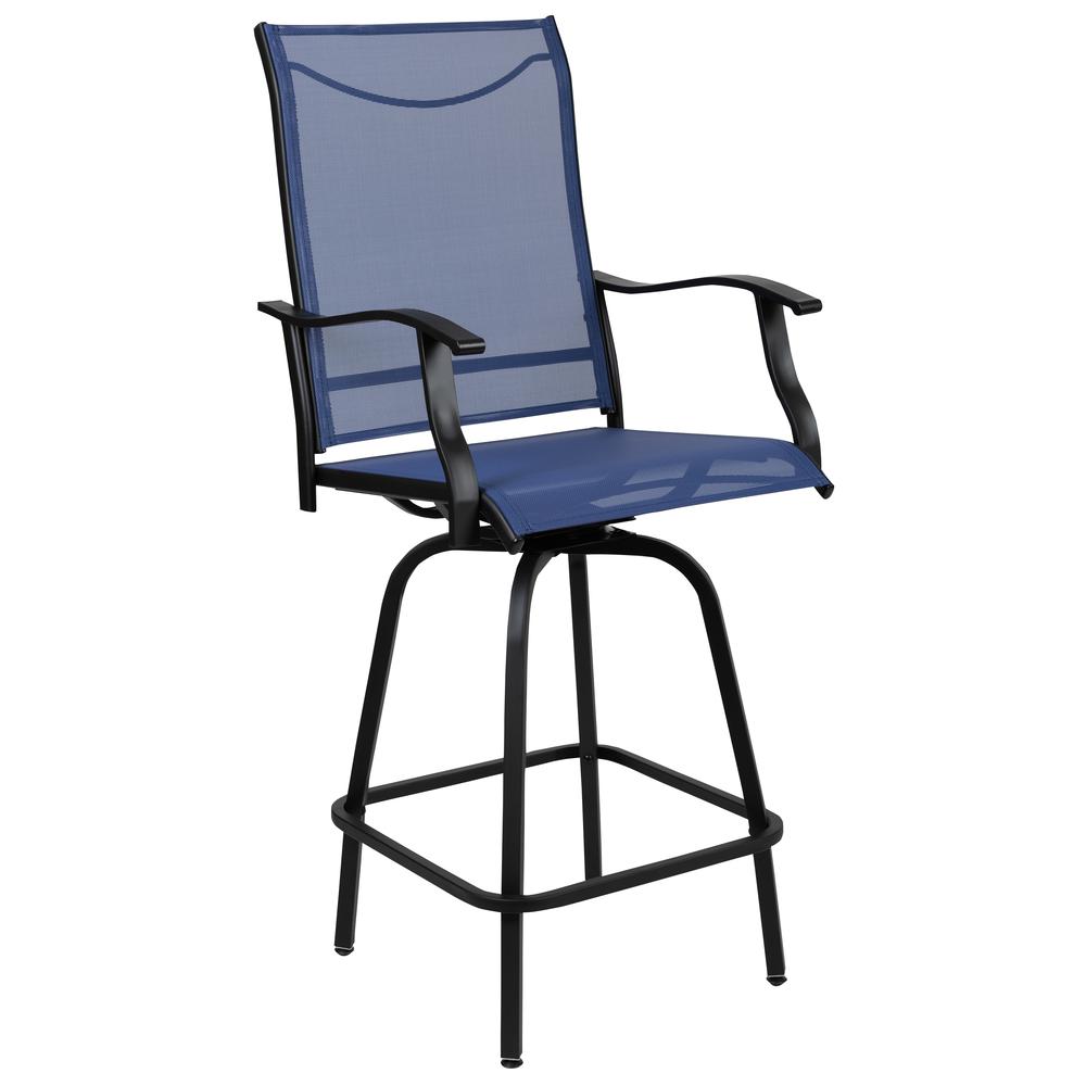 Patio Bar Height Stools Set of 2, All-Weather Textilene Swivel Patio Stools and Deck Chairs with High Back & Armrests in Navy. Picture 9