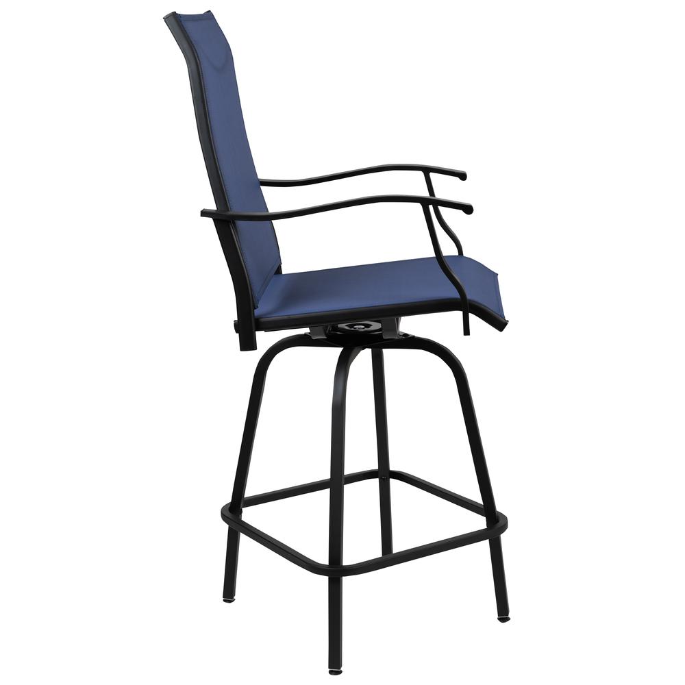 Patio Bar Height Stools Set of 2, All-Weather Textilene Swivel Patio Stools and Deck Chairs with High Back & Armrests in Navy. Picture 10