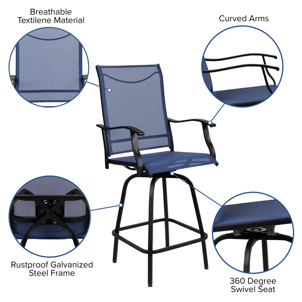 Patio Bar Height Stools Set of 2, All-Weather Textilene Swivel Patio Stools and Deck Chairs with High Back & Armrests in Navy. Picture 5