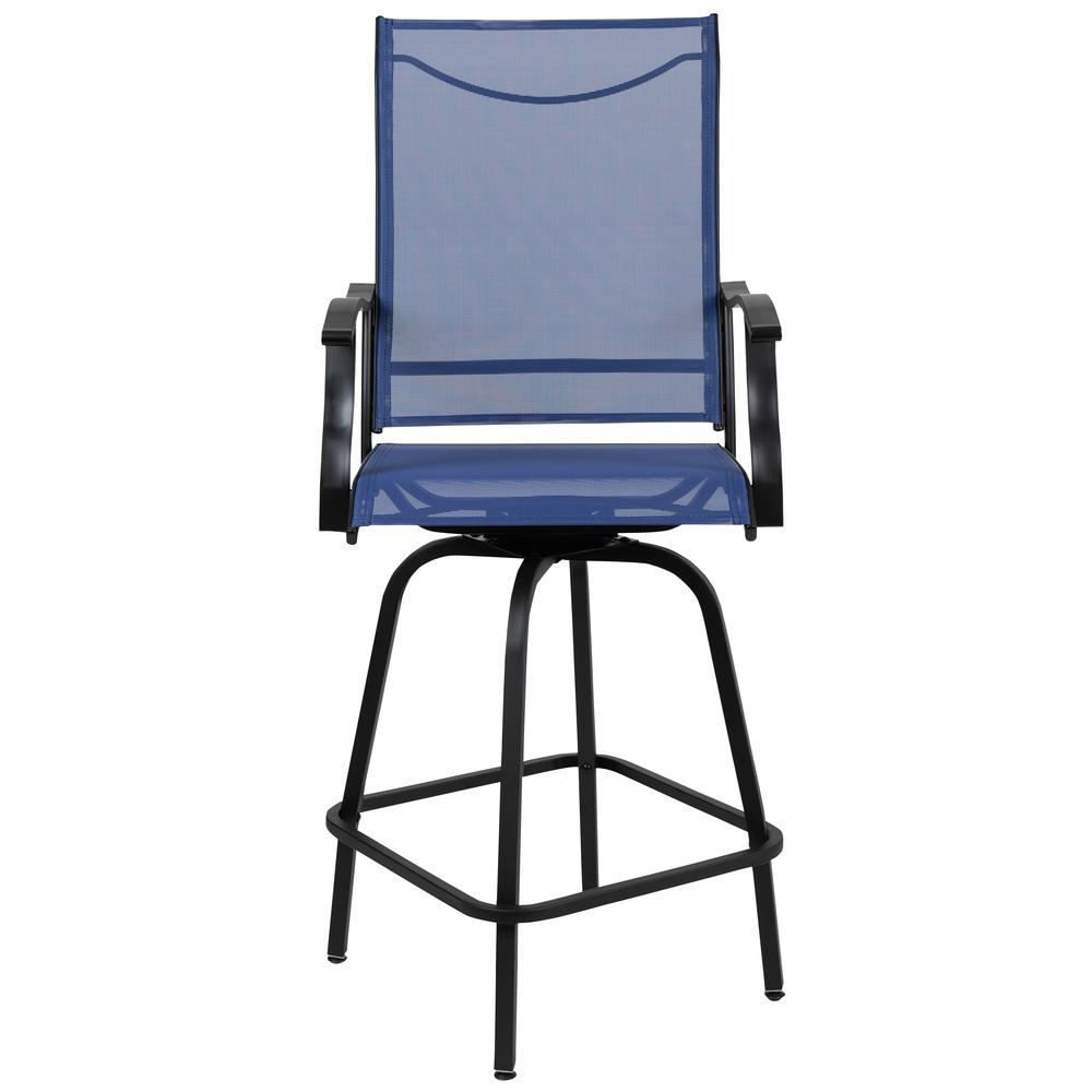 Patio Bar Height Stools Set of 2, All-Weather Textilene Swivel Patio Stools and Deck Chairs with High Back & Armrests in Navy. Picture 11