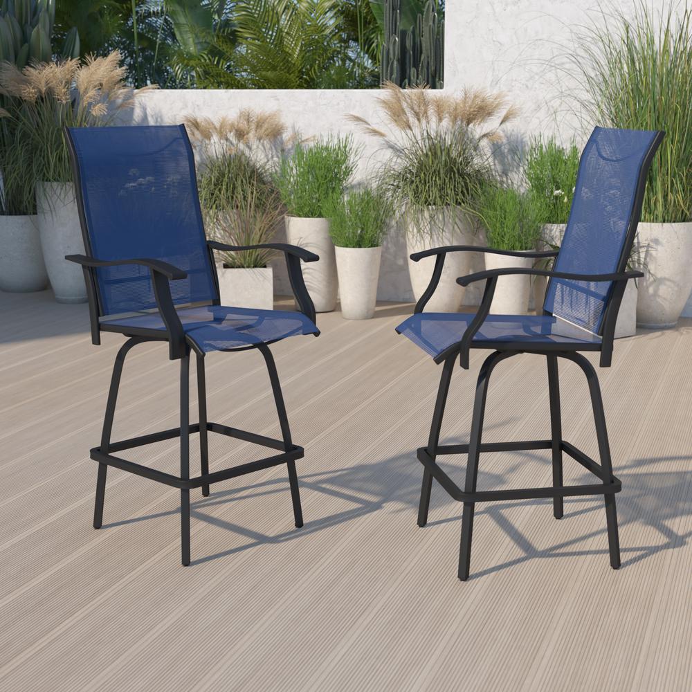 Patio Bar Height Stools Set of 2, All-Weather Textilene Swivel Patio Stools and Deck Chairs with High Back & Armrests in Navy. Picture 2