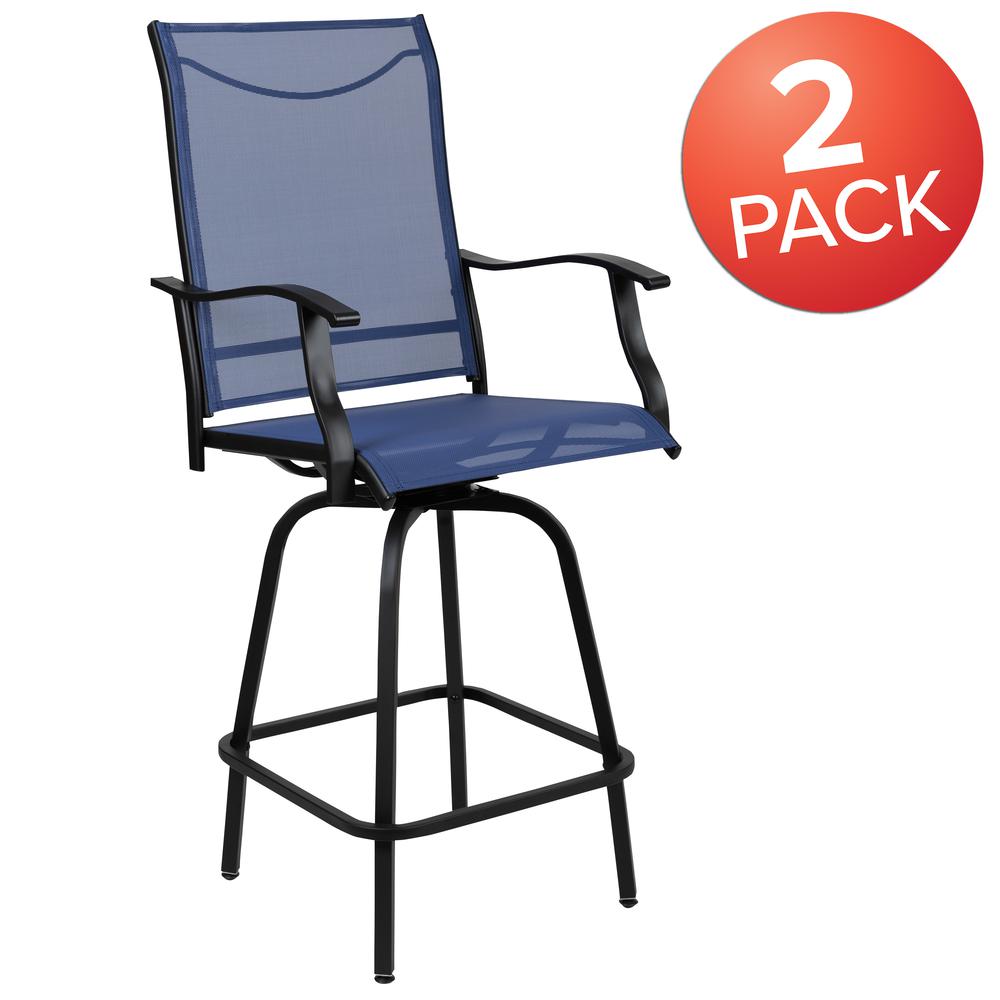 Patio Bar Height Stools Set of 2, All-Weather Textilene Swivel Patio Stools and Deck Chairs with High Back & Armrests in Navy. Picture 3