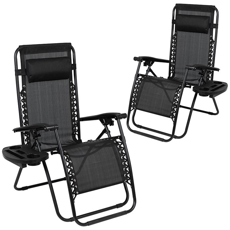 Adjustable Folding Mesh Zero Gravity Reclining Lounge Chair with Pillow and Cup Holder Tray in Black, Set of 2. Picture 3