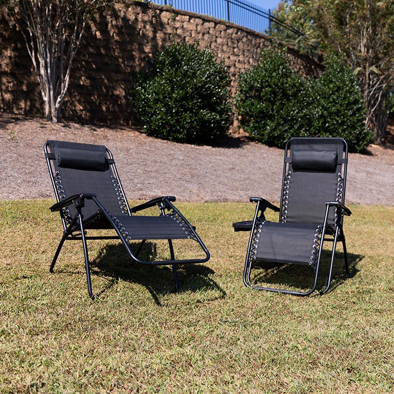 Adjustable Folding Mesh Zero Gravity Reclining Lounge Chair with Pillow and Cup Holder Tray in Black, Set of 2. Picture 1