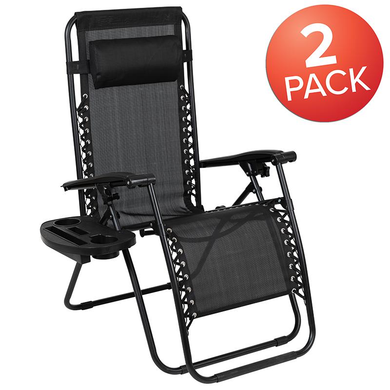 Adjustable Folding Mesh Zero Gravity Reclining Lounge Chair with Pillow and Cup Holder Tray in Black, Set of 2. Picture 2