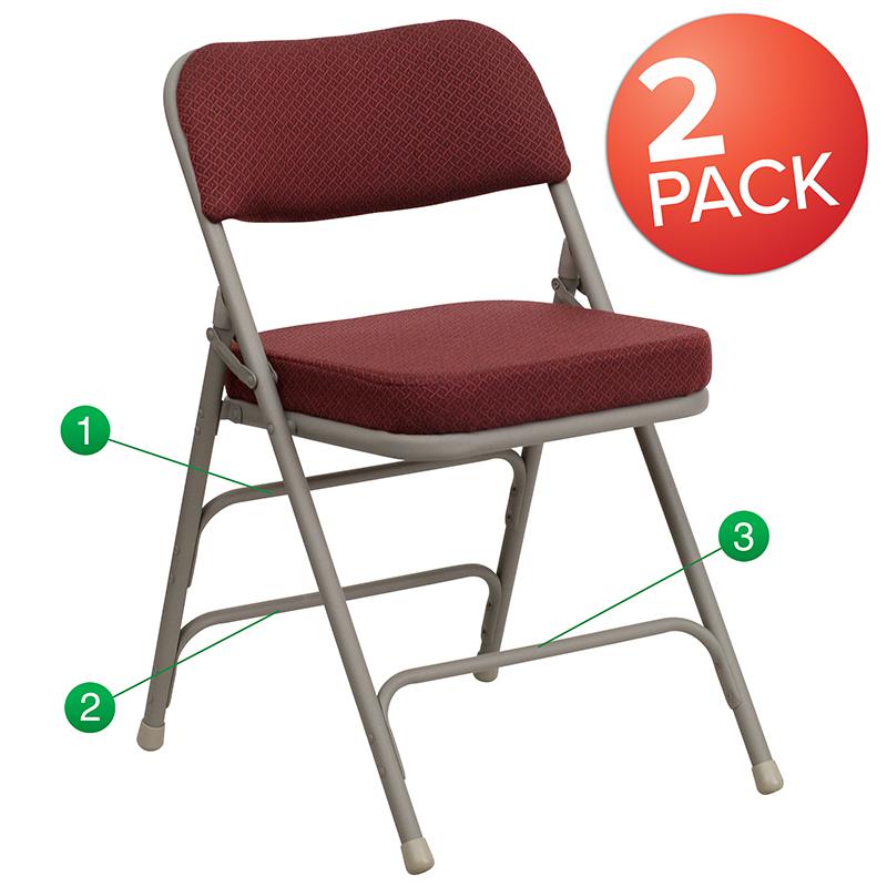 2 Pack Curved Triple Braced & Double Hinged Burgundy Fabric Metal Folding Chair. Picture 1