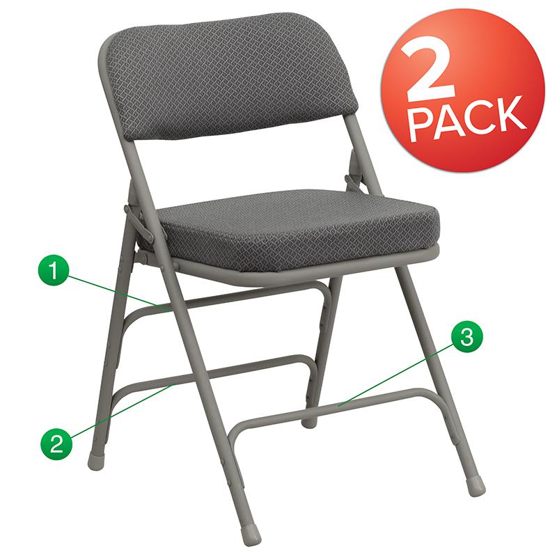 2 Pack Curved Triple Braced & Double Hinged Gray Fabric Metal Folding Chair. Picture 4