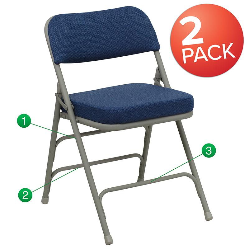 2 Pack HERCULES Series Premium Curved Triple Braced & Double Hinged Navy Fabric Metal Folding Chair. The main picture.