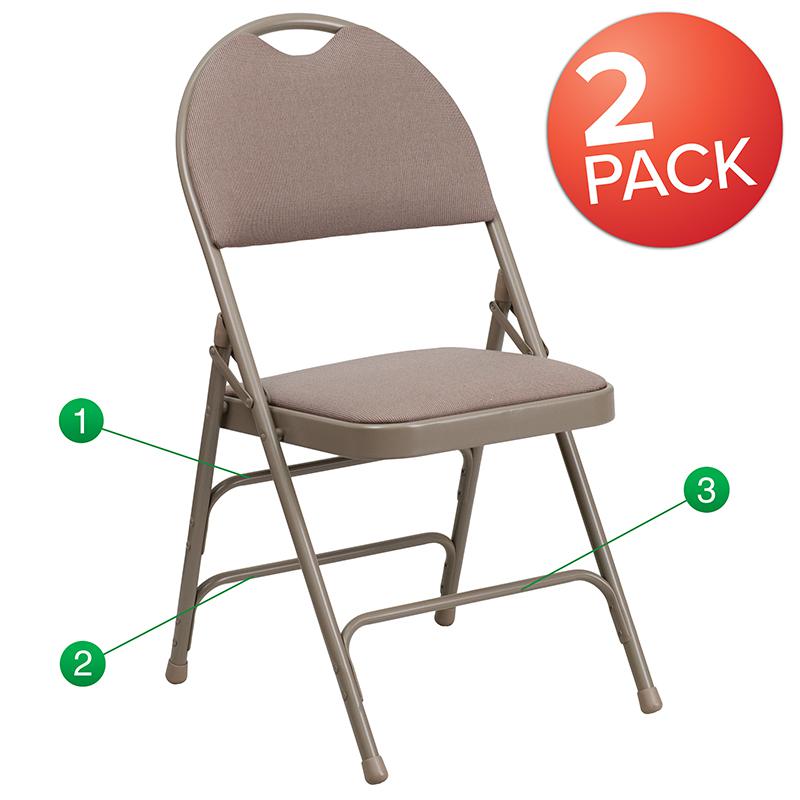 2 Pack HERCULES Series Ultra-Premium Triple Braced Beige Fabric Metal Folding Chair with Easy-Carry Handle. Picture 1