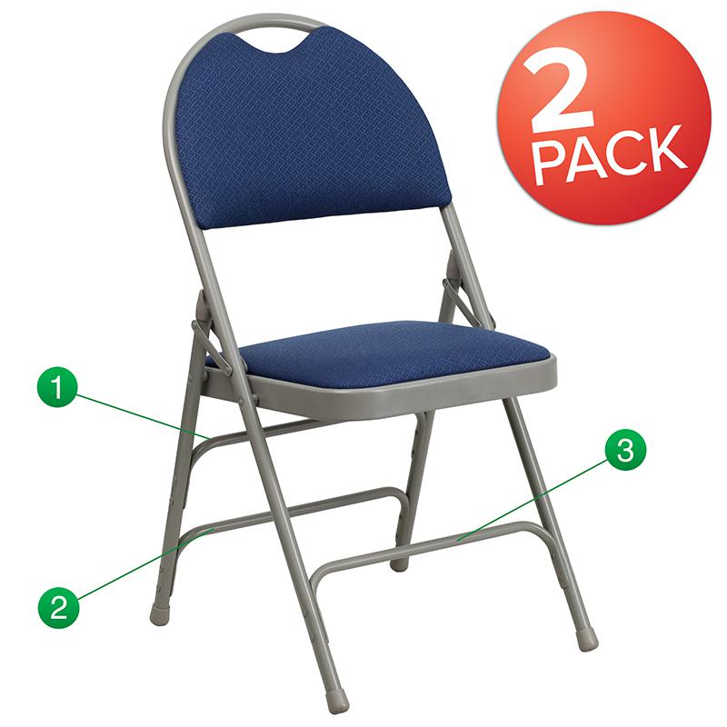 2 Pack HERCULES Series Ultra-Premium Triple Braced Navy Fabric Metal Folding Chair with Easy-Carry Handle. Picture 1