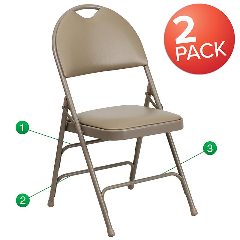 2 Pack HERCULES Series Ultra-Premium Triple Braced Beige Vinyl Metal Folding Chair with Easy-Carry Handle. Picture 1