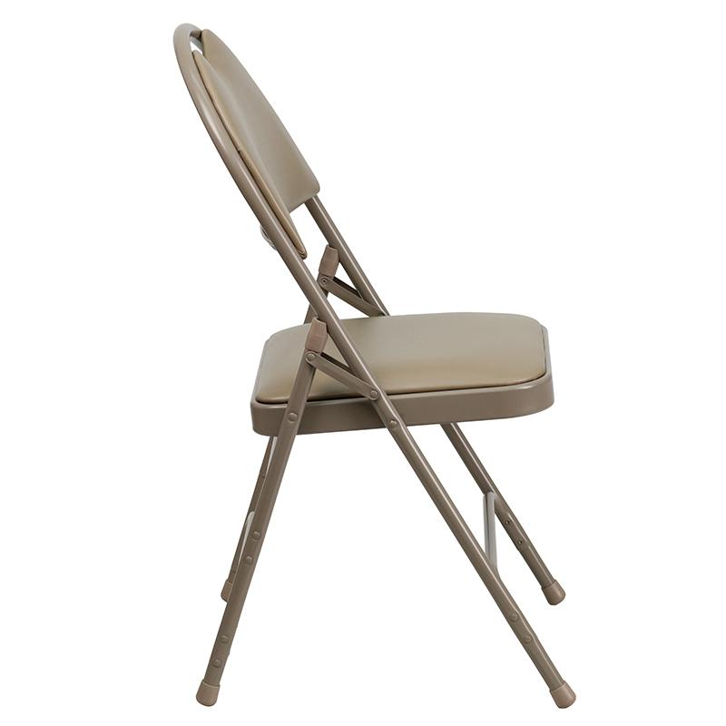 2 Pack HERCULES Series Ultra-Premium Triple Braced Beige Vinyl Metal Folding Chair with Easy-Carry Handle. Picture 3