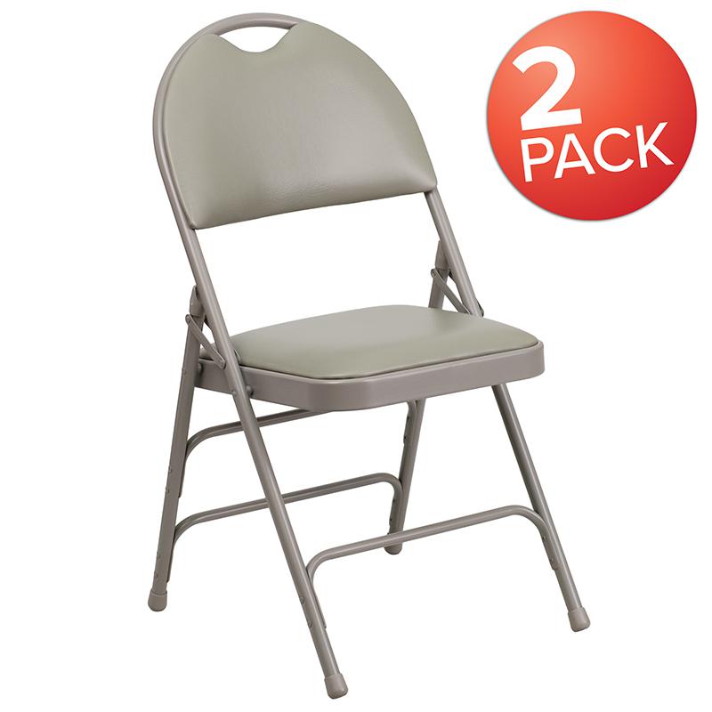 2 Pack HERCULES Series Ultra-Premium Triple Braced Gray Vinyl Metal Folding Chair with Easy-Carry Handle. Picture 1