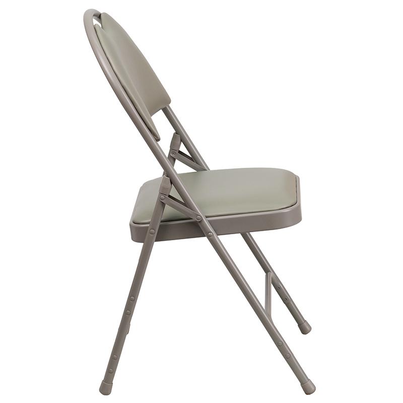 2 Pack HERCULES Series Ultra-Premium Triple Braced Gray Vinyl Metal Folding Chair with Easy-Carry Handle. Picture 3