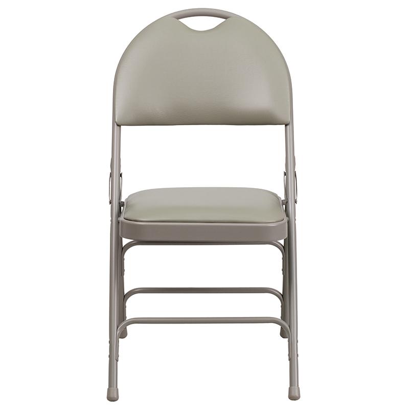 2 Pack HERCULES Series Ultra-Premium Triple Braced Gray Vinyl Metal Folding Chair with Easy-Carry Handle. Picture 5