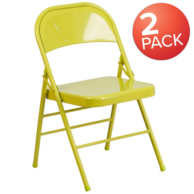 2 Pack HERCULES COLORBURST Series Twisted Citron Triple Braced & Double Hinged Metal Folding Chair. Picture 1