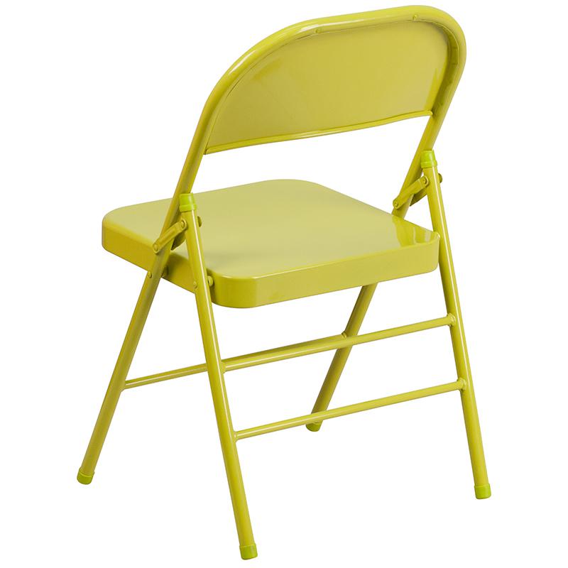 2 Pack HERCULES COLORBURST Series Twisted Citron Triple Braced & Double Hinged Metal Folding Chair. Picture 4