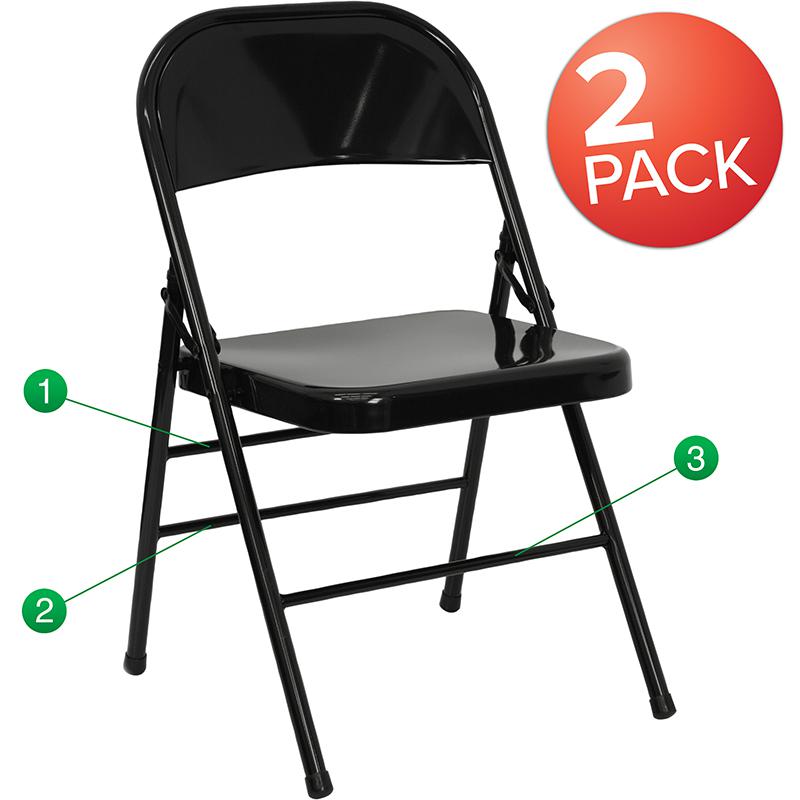 2 Pack HERCULES Series Triple Braced & Double Hinged Black Metal Folding Chair. Picture 1