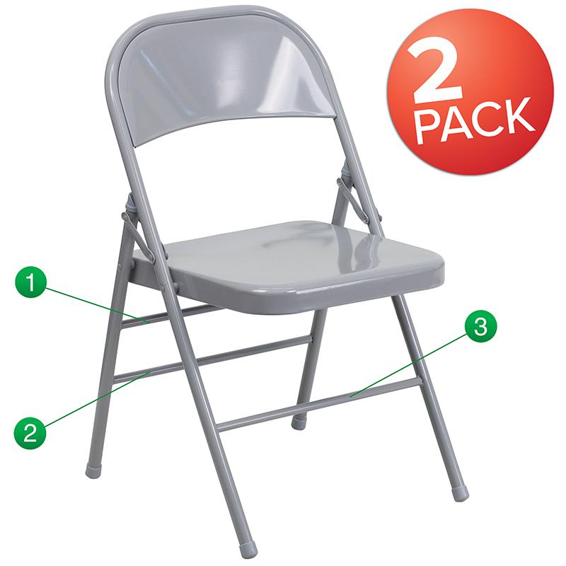 2 Pack HERCULES Series Triple Braced & Double Hinged Gray Metal Folding Chair. Picture 1