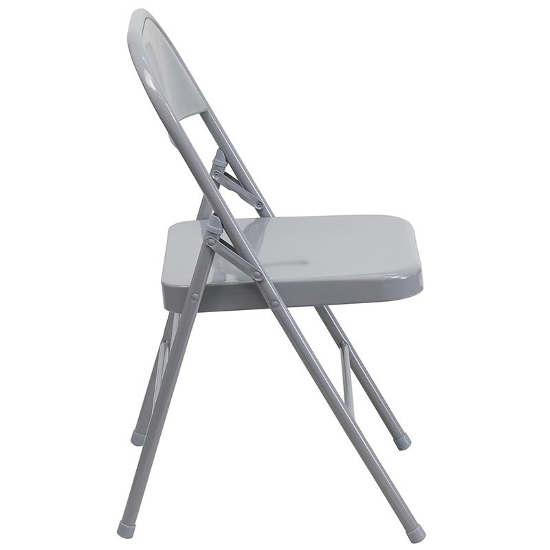 2 Pack HERCULES Series Triple Braced & Double Hinged Gray Metal Folding Chair. Picture 3