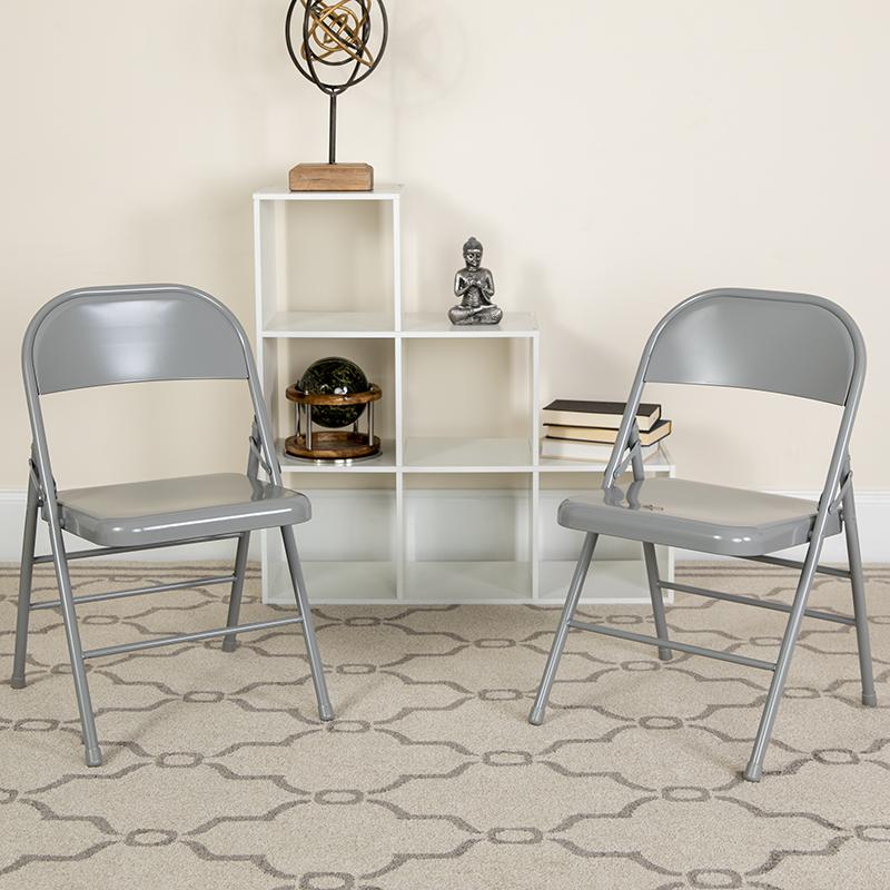2 Pack HERCULES Series Triple Braced & Double Hinged Gray Metal Folding Chair. Picture 2