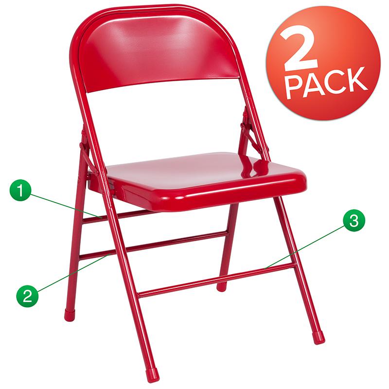 2 Pack HERCULES Series Triple Braced & Double Hinged Red Metal Folding Chair. Picture 1