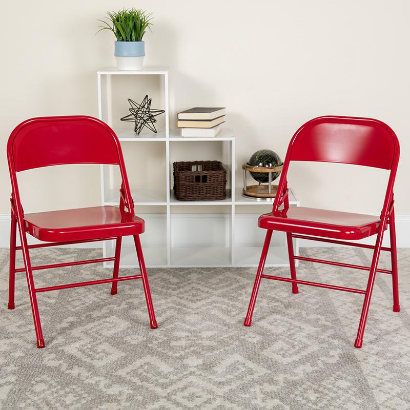 2 Pack HERCULES Series Triple Braced & Double Hinged Red Metal Folding Chair. Picture 2