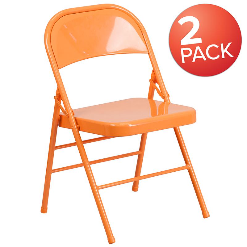 2 Pack HERCULES COLORBURST Series Orange Marmalade Triple Braced & Double Hinged Metal Folding Chair. Picture 1