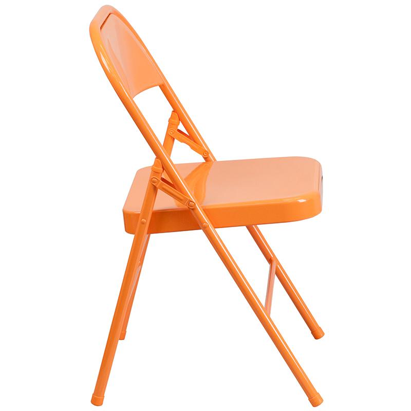 2 Pack HERCULES COLORBURST Series Orange Marmalade Triple Braced & Double Hinged Metal Folding Chair. Picture 3