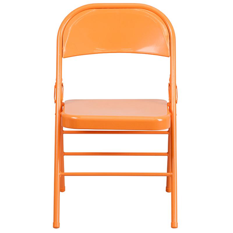 2 Pack HERCULES COLORBURST Series Orange Marmalade Triple Braced & Double Hinged Metal Folding Chair. Picture 5