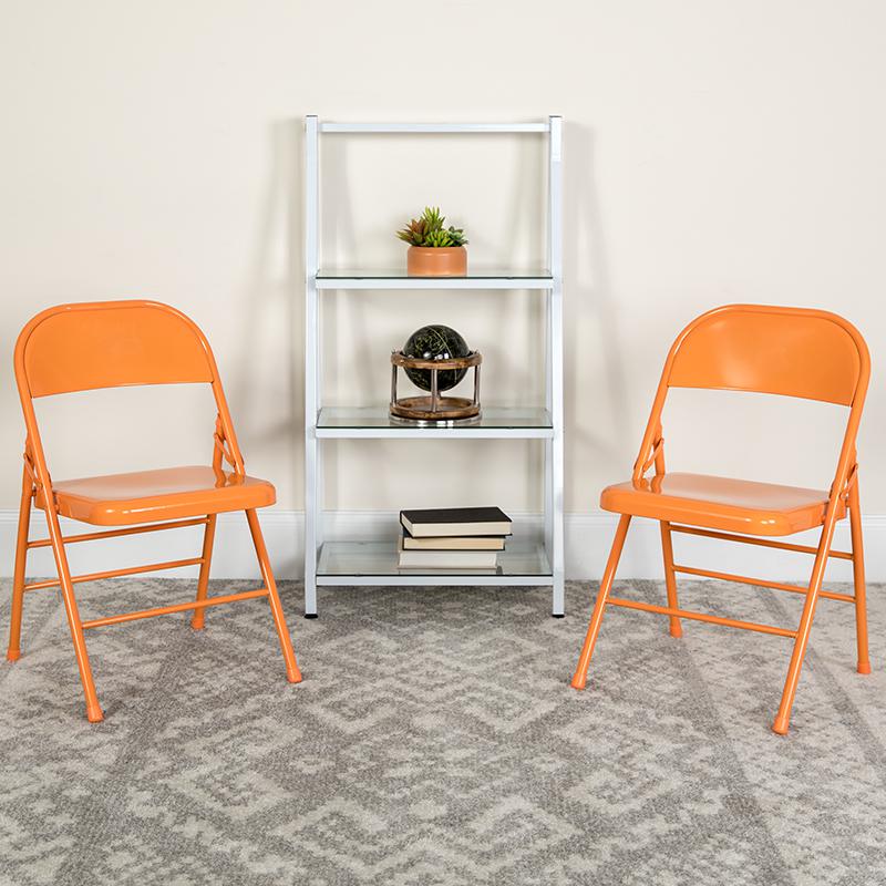 2 Pack HERCULES COLORBURST Series Orange Marmalade Triple Braced & Double Hinged Metal Folding Chair. Picture 2