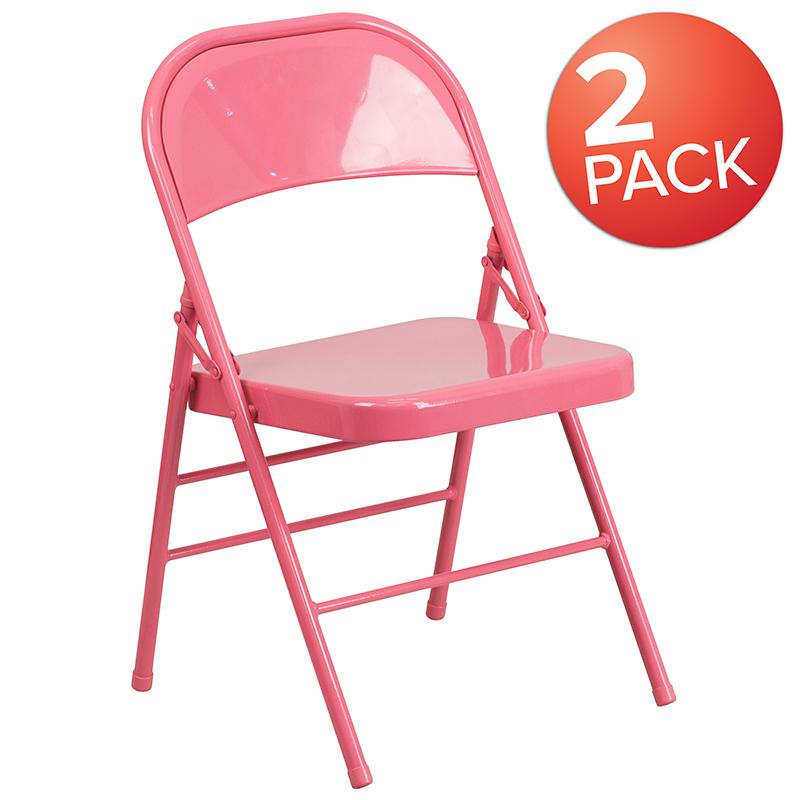 2 Pack Bubblegum Pink Triple Braced & Double Hinged Metal Folding Chair. Picture 1