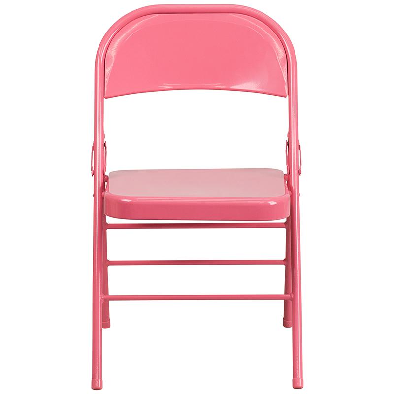 2 Pack Bubblegum Pink Triple Braced & Double Hinged Metal Folding Chair. Picture 4