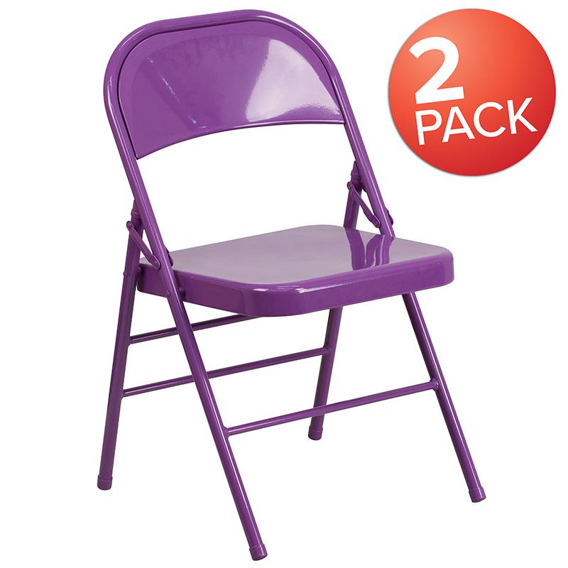 2 Pack HERCULES COLORBURST Series Impulsive Purple Triple Braced & Double Hinged Metal Folding Chair. Picture 1